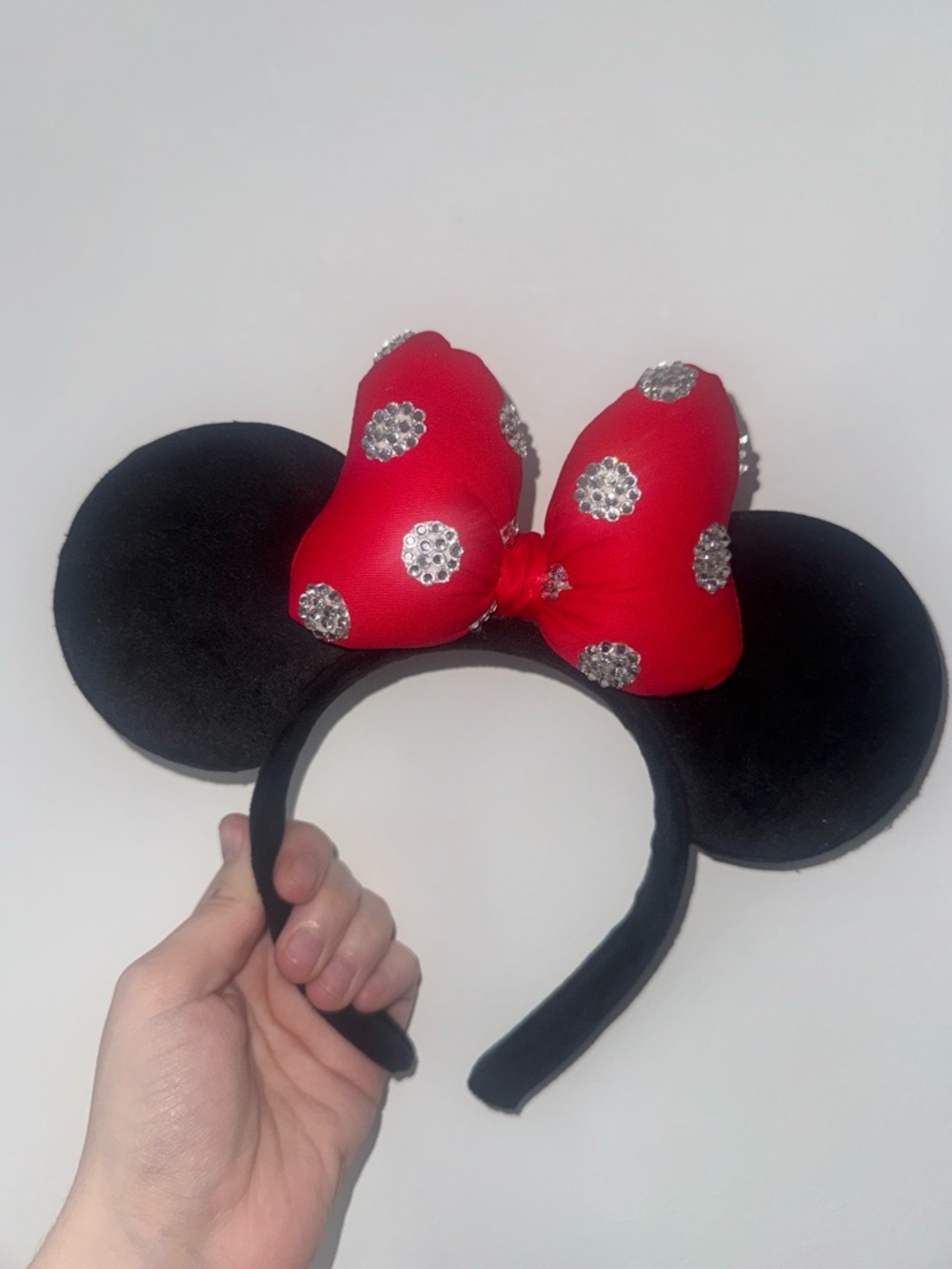 Hand rhinestoned Red Bow ears